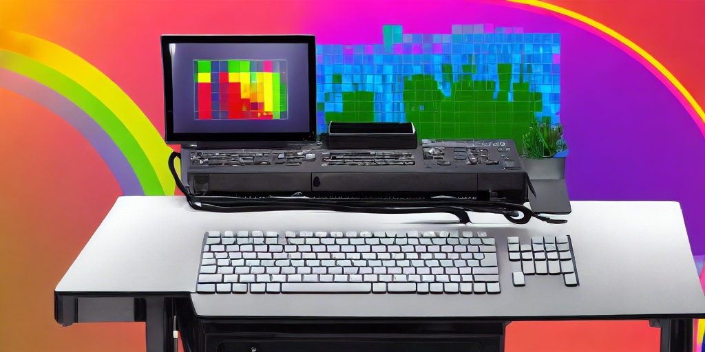 Prompt: 'computer terminal console screen and keyboard on a rainbow desk, style of guy billout, colorful'. Seed: 77.<br />Created with Stable Diffusion 1.